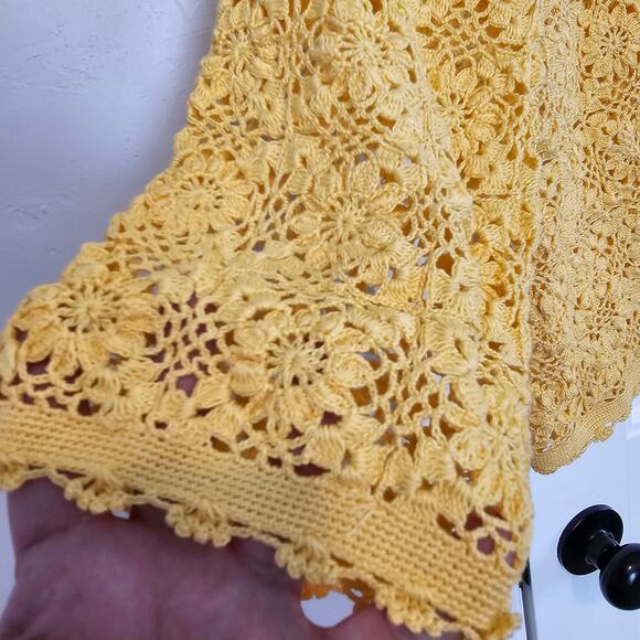 Vintage Lace Cardigan Womens Medium Yellow Crochet Open Knit Cottage Boho Fairy - Picture 6 of 9